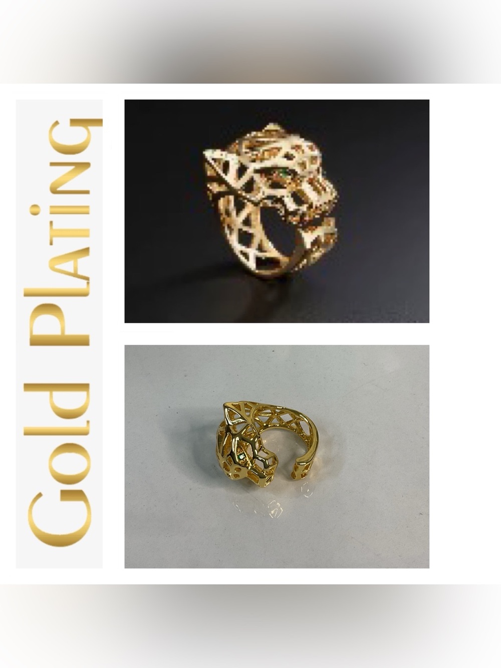 🌟🌟 18K Gold Panther Open Ring with Emerald Green Eyes